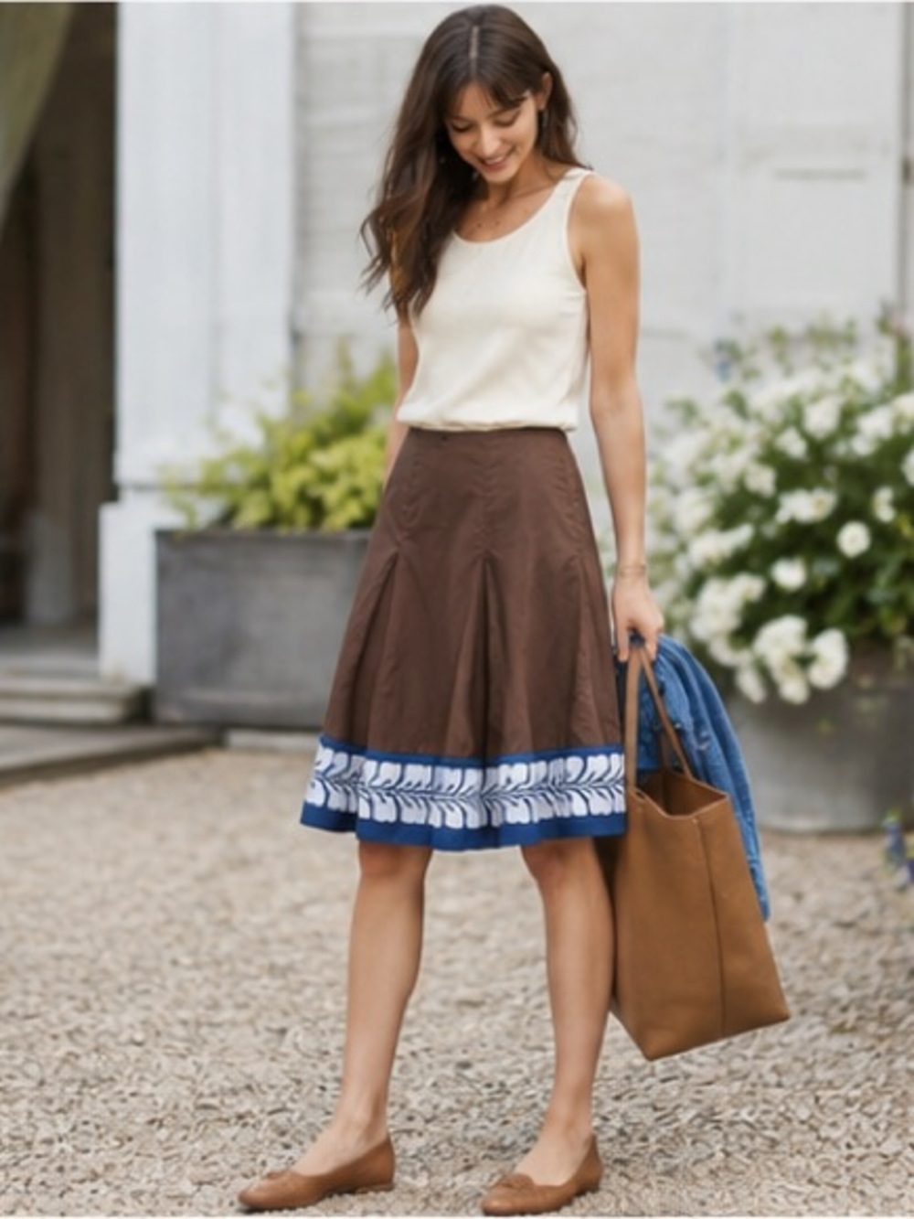 Boden Brown cotton skirt with blue leaf border 12